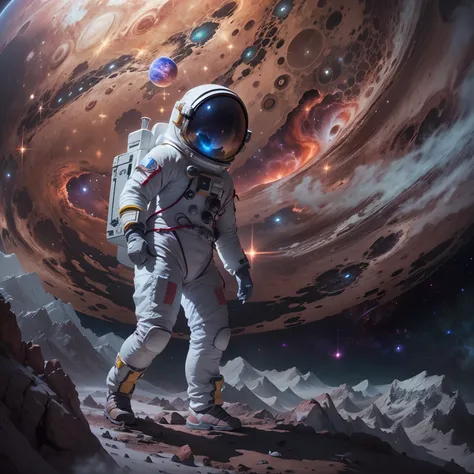 A man in a spacesuit explores Jupiter，Epic space exploration, A breathtaking vista of the universe, futuristic spacecraft, Interstellar Journey, Awe-inspiring celestial scenes, Distant star systems, ethereal nebulae, The magnificence of the universe, the m...