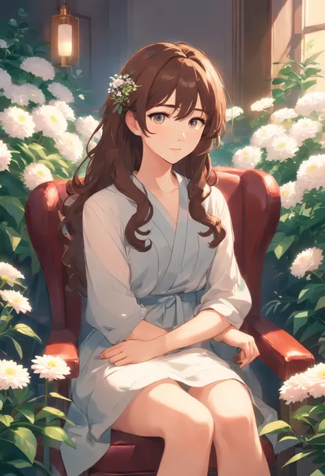 One girl, classical, long curly brown hair, beautiful eyes, high quality, white skin, sitting on a chair, surrounded by various flowers, low saturation, portrait, fine line drawing, fine detail, soft light –ar 5:7 –niji