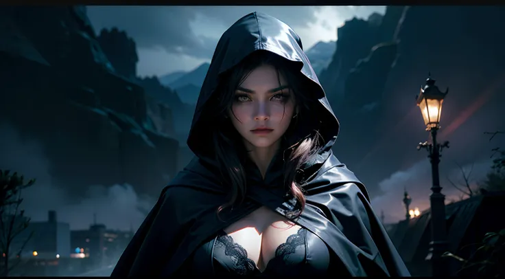 A woman who is a dark and mysterious woman, serious looking, dressed in a dark purple robe with a hood, and a spider web cape, background is dark storm clouds, mood is apprehensive, frustrating, ambiguous, inscrutable, eerie night time light, character des...