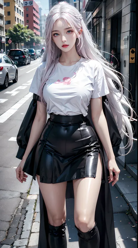 photorealistic, high resolution, 1women, shining skin, solo, tattoo, jewelry, pink lip, long hair, white hair, blue eye, closed mouth, hips up, t-shirt, black skirt, street wear