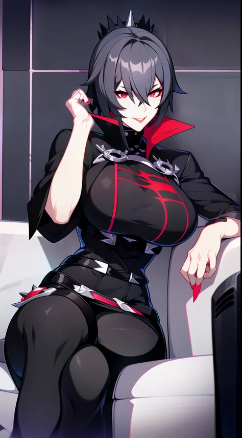 Adult woman, short gray hair, spiked hair, red eyes, black eye shadow, black lipstick, White aristocrat jacket, black tight pants, large breasts, musculature, claws, lock, sits on a chair, Masterpiece, hiquality, 4k, HD, Good detail