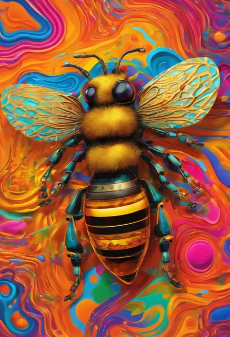 (photorealistic, vibrant colors, high-resolution, ultra-detailed, robotic bee),(illustration, oil painting),(letter B in the background),(realistic metallic texture),(dynamic perspective),(studio lighting),(HDR effect)