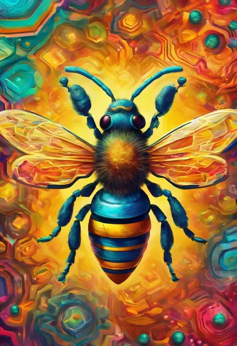 (photorealistic, vibrant colors, high-resolution, ultra-detailed, robotic bee),(illustration, oil painting),(letter B in the background),(realistic metallic texture),(dynamic perspective),(studio lighting),(HDR effect)