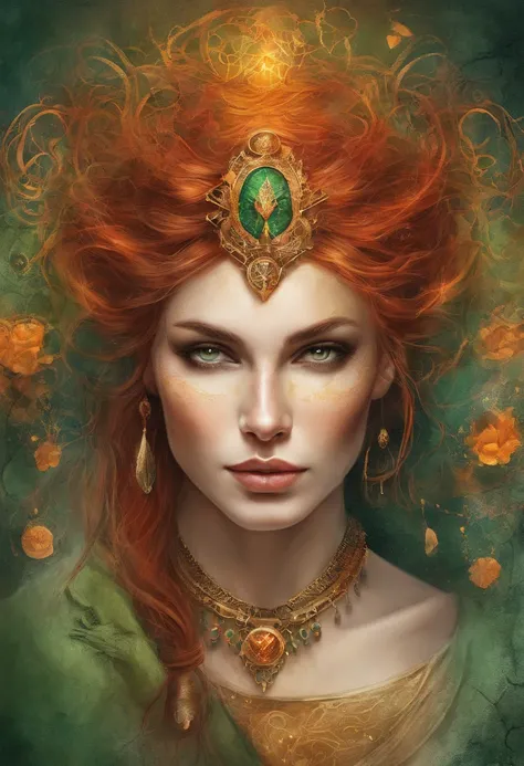 (Masterpiece, Top Quality, Best Quality, official arts, beautiful and aesthetic:1.2), Girl, Detailed Face, Long curly red hair, green eyes, full - body, Green shirt, corset, celestial, Hunter, extremely beautiful, higly detailed, (Fire in the background), ...