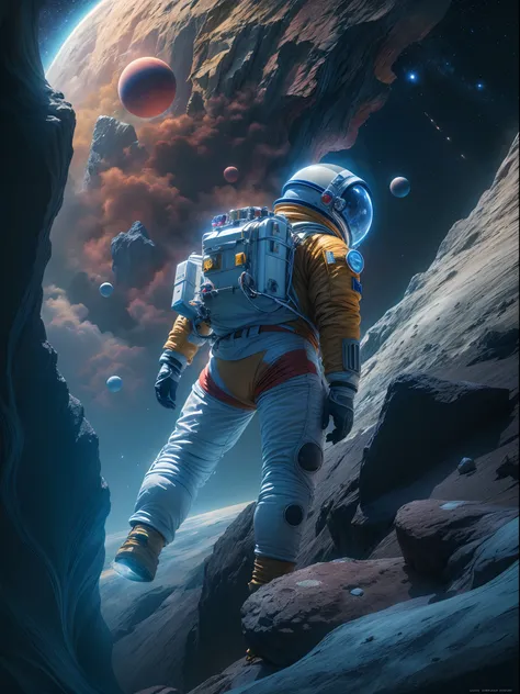 (close-up，Best quality,4K,8K,A high resolution,Masterpiece:1.2),Ultra-detailed,(Realistic,Photorealistic,photo-realistic:1.37),Exotic dreamy landscape, (Distant planetary sky, A man wearing a Chinese blue spacesuit made of cutting-edge technology of the fu...