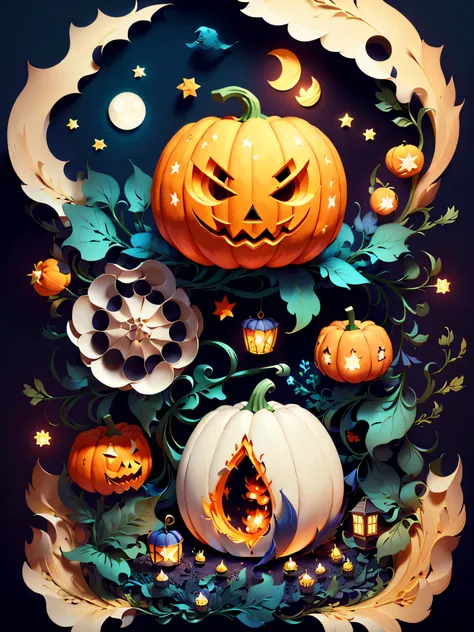 (((masterpiece))),best quality, illustration, pumpkins, ghosts , witches, moonlit, dark magic , paper_cut,