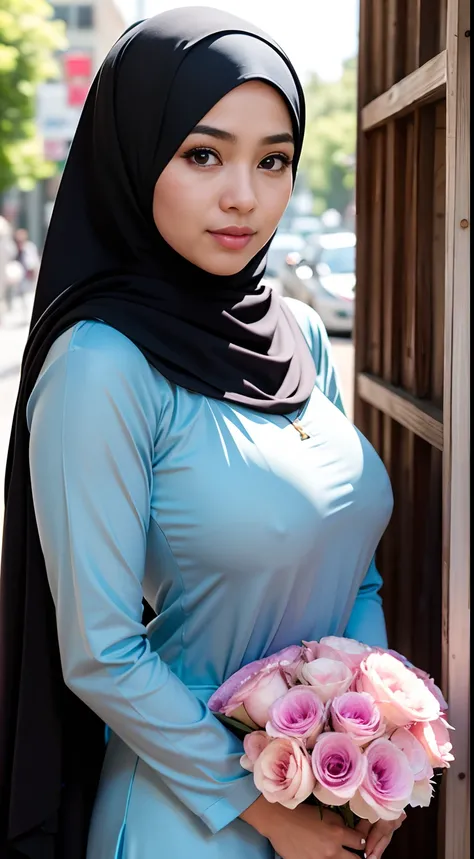 1 malay girl , modern plain hijab,  shy, medium portrait shot , watery  eyes ,lip watery, lip glossy, open mounth, ((big breast)), a beautiful girl with hijap, in vintage colors aodai , masterpiece, best quality, realistic:1.3, street, holding bundle of fl...