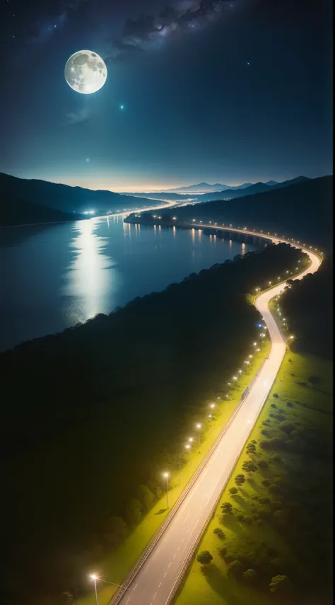 estrada de terra, with reference Florianópolis . noite, Starry sky with full moon, reflexo