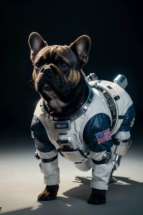 Dog French bulldog in spacesuit isolated on white background, Astronaut French Bulldog Dog, Cyborg puppy, Space Dog, Space Dogs, Cyborg dog, Cyborg dog, Cyberpunk dogs, Armored dogs, A dog summons a spaceship, ultrarealistic concept art, Robot Dog,hyper - ...