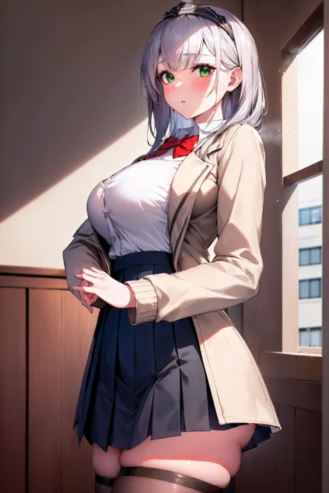 (day:1.7), cafe , cityView, Beside_window,
standing,seductive_pose,looking at viewer,
(beige_jacket:1.3), (long_sleeves), (pleated_skirt), (school uniform), thighhighs,white_pantyhose, ((red_bowtie:1.2)),
aanoel, medium hair, green eyes, hairband,
1 girl,2...