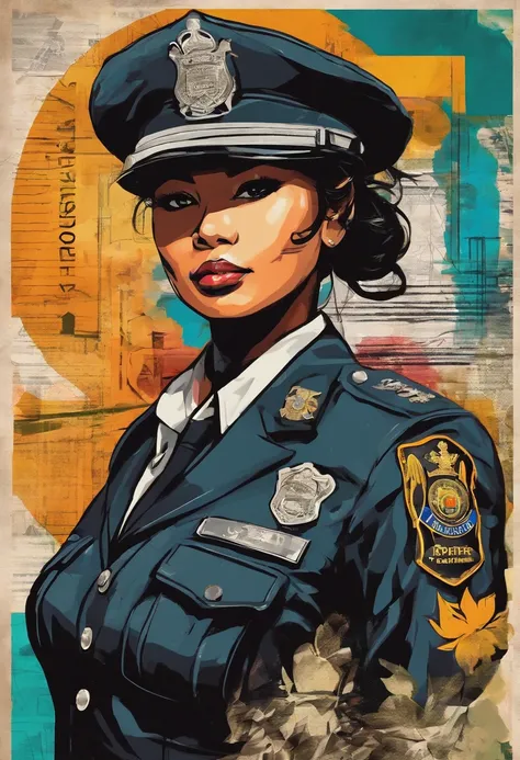 Create an artwork featuring a strong and determined Indonesian police woman. Capture her in a dynamic and heroic pose, showcasing her dedication to maintaining law and order. Use vibrant colors to emphasize her authority and commitment to her duty."