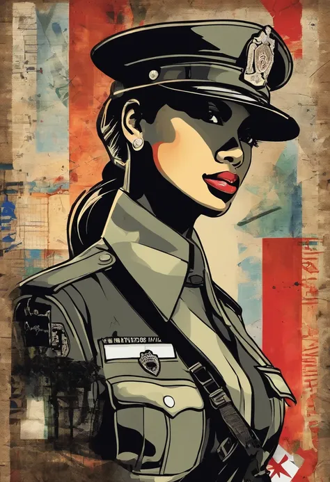 Create an artwork featuring a strong and determined Indonesian police woman. Capture her in a dynamic and heroic pose, showcasing her dedication to maintaining law and order. Use vibrant colors to emphasize her authority and commitment to her duty."