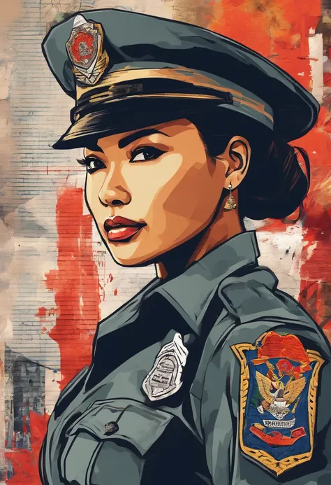 Create an artwork featuring a strong and determined Indonesian police woman. Capture her in a dynamic and heroic pose, showcasing her dedication to maintaining law and order. Use vibrant colors to emphasize her authority and commitment to her duty."