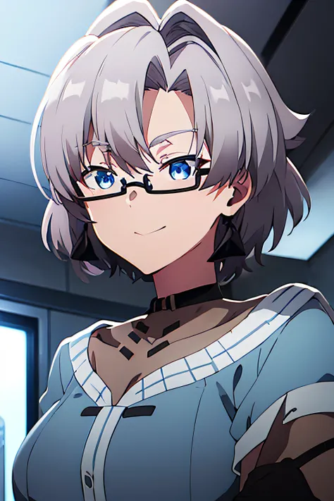 REIKA_KOBATO, GREY HAIR, SHORT HAIR, BLUE EYES, GLASSES, 1girl, solo, upper body, facing viewer, looking at viewer, smile.