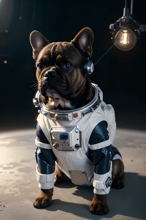 Light brown French bulldog in spacesuit isolated on white background, Astronaut French Bulldog Dog, Cyborg puppy, Space Dog, Space Dogs, Cyborg dog, Cyborg dog, Cyberpunk dogs, Armored dogs, A dog summons a spaceship, ultrarealistic concept art, Robot Dog,...