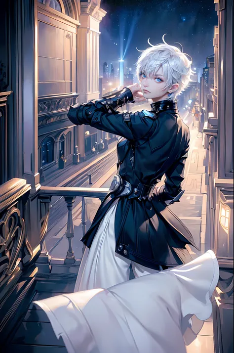 ((4K works))、​masterpiece、(top-quality)、One beautiful boy、Slim body、tall、((Black Y-shirt and white pants、Charming English knight style))、(Detailed beautiful eyes)、Fantastic English black balcony、Castle inhabited by villains、Villain Knight、Balcony at night、...