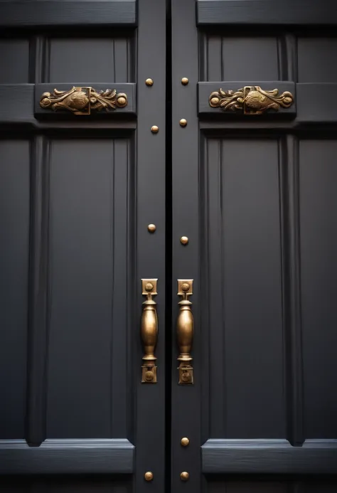 Ultra-realistic image of a grey hinge on a dark wooden door with light lighting in front.