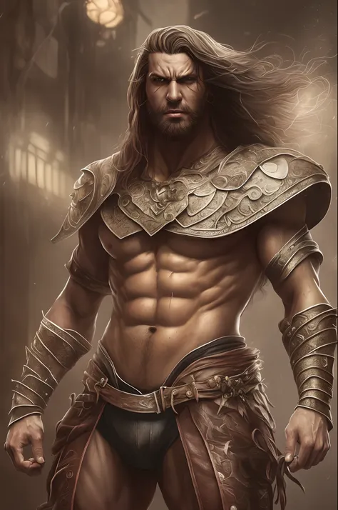 (Professional 3D rendering:1.3) de (realista:1.3) A foto de arte mais bonita do mundo，Features soft, bright male heroes, ((Epic hero muscular fantasy rough man wet hero angry look long hair short beard and fierce expression in dynamic pose, fantastic locat...