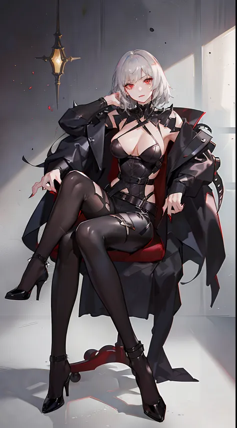 Adult woman, short gray hair, spiked hair, red eyes, black eye shadow, black lipstick, White aristocrat jacket, black tight pants, large breasts, musculature, claws, lock, sits on a chair, Masterpiece, hiquality, 4k, HD, Good detail