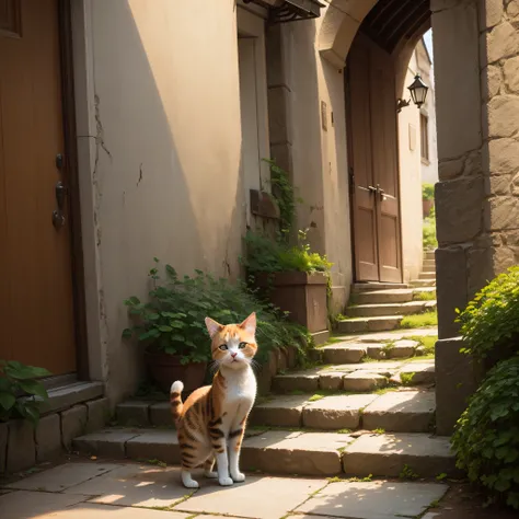 Cute kitten standing in a corner of the stone steps、calico cat