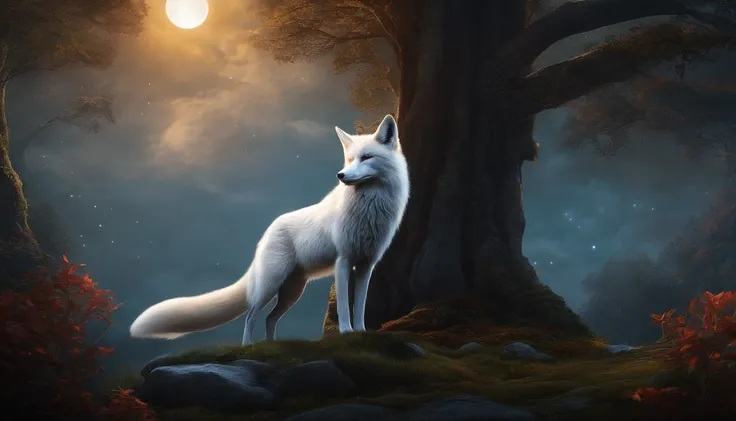 Full HD, Mythical spirit beasts, Giant fox, White flull, Look at the moon