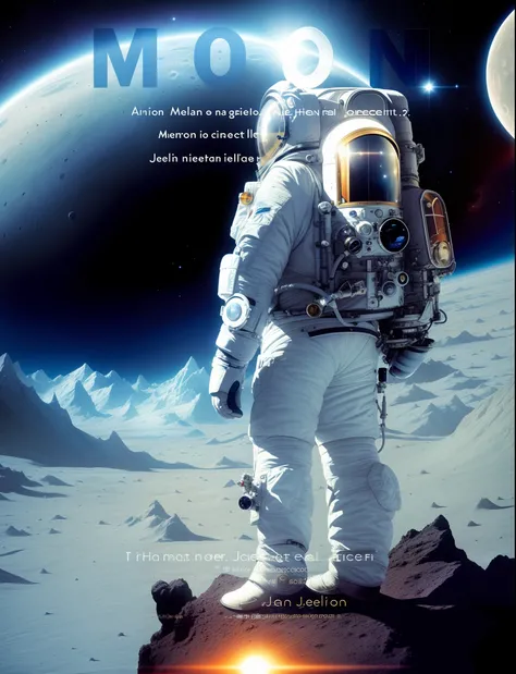 A poster of a man standing on the moon in a spacesuit, Astronaut, author：Jean Helion, on moon, On the moon, author：John Munan, inspired by Stephan Martiniere, Interstellar surrealism, illustration!, Martian, Interstellar, lonely astronaut, inspired by Mart...