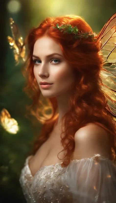 red-haired teenage fairy,sparkling electric sparks,glowing wings, enchanting forest, luminous magic, ethereal beauty, mystical aura, vibrant colors, whimsical atmosphere, mesmerizing details, fantasy realm, delicate features, fairy dust, dreamlike setting,...