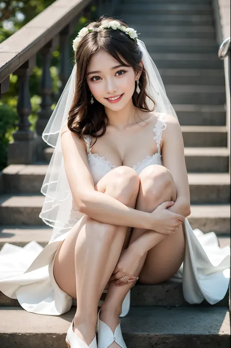 Beauty flower marriage、wearing a wedding dress、jaw-dropping beauty、Sitting with your knees bent on the stairs、Smile of shame、Green lighting、4K, 8K, Background blur,　Colorful, Vivid colors,　shinny skin、Exposed thighs!!!、Colorful, Vivid colors,　shinny skin、E...