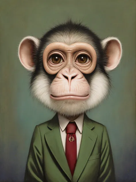 Pintura de un mono con esmoquin y pajarita, Monkey Head Animal Fusion, Anthropomorphic monkey,, Estilo Mark Ryden, Mark Ryden muy detallado, Mark Ryden en el estilo de, Estilo de Mark Ryden, Beautiful Anthropomorphic Monkey, por Mark Ryden, Surrealismo pop...