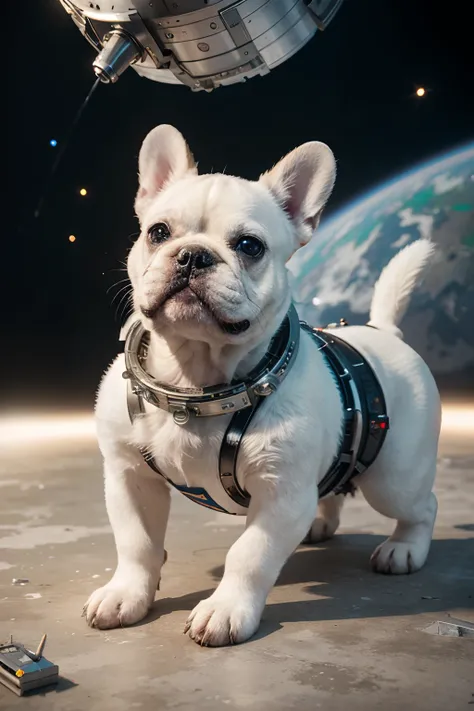 "(Best Quality, 4K, 8K, hight resolution, masutepiece:1.2), Ultra-detailed, Realistic:1.37, Cyberpunk, spaces, Cream French bulldog isolated on white background, French Bulldog Astronaut, Cyborg puppies, Space Dog, Cyber Dog, Armored dogs, Dog summoning sp...