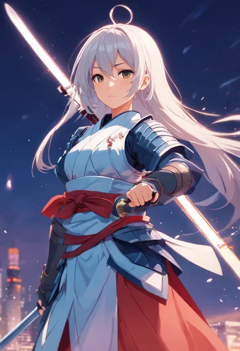 femele，Shogun，The appearance is dignified and majestic，height of one meter seven，Capable short white hair，Strong and sturdy body，Dressed in armor，holding a longsword，Half-body diagram