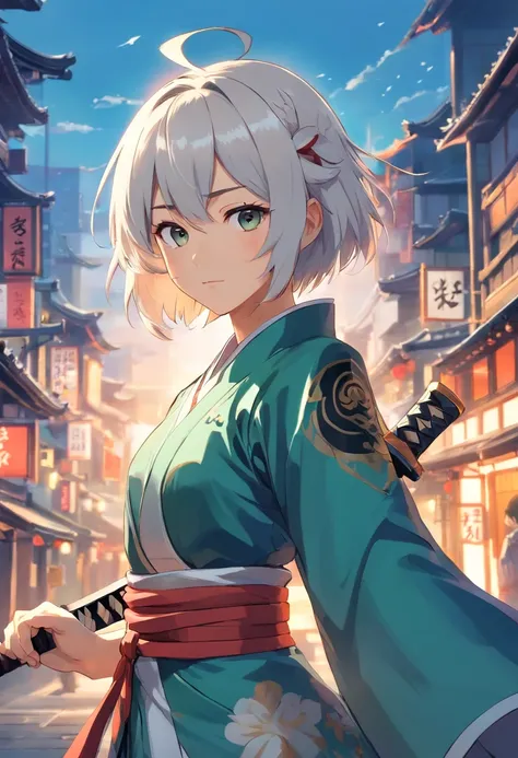 femele，Shogun，The appearance is dignified and majestic，height of one meter seven，Capable short white hair，Strong and sturdy body，Dressed in armor，holding a longsword，Half-body diagram