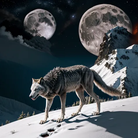 White wolf standing in front of a moon，Volcano ahead erupts with swirling magma，The sky is dark red，Far from the crater is infinite black，Na frente deste lobo branco, Countless black shadows in the form of a beast rushed towards him，This white wolf was not...