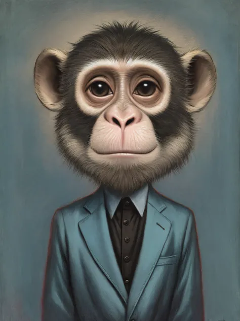 Pintura de un mono con esmoquin y pajarita, Monkey Head Animal Fusion, Anthropomorphic monkey,, Estilo Mark Ryden, Mark Ryden muy detallado, Mark Ryden en el estilo de, Estilo de Mark Ryden, Beautiful Anthropomorphic Monkey, por Mark Ryden, Surrealismo pop...