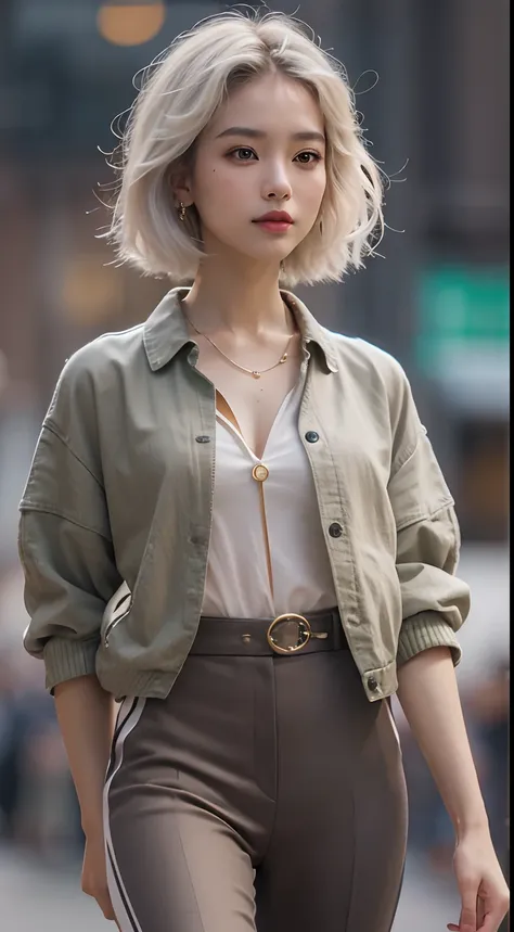 Realistic Malay girl wear Half Button Rib Knit Tee with green jacket and High Waist Plicated Detail Suit Pants, short white hair, bob haircut with bangs, walking in city street, catwalk, confident walk, carrying handbag, windy, elegance, front view, detail...