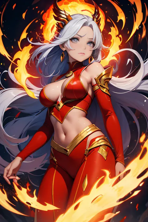 Cartoon picture of a woman holding a fire in her hand, Fire!! full bodyesbian, she has fire powers, lava and fire goddess, the fire goddess, appears as the fire goddess, the fire queen, hot fire goddess, flames surround her, the fire goddess, Her hair was ...