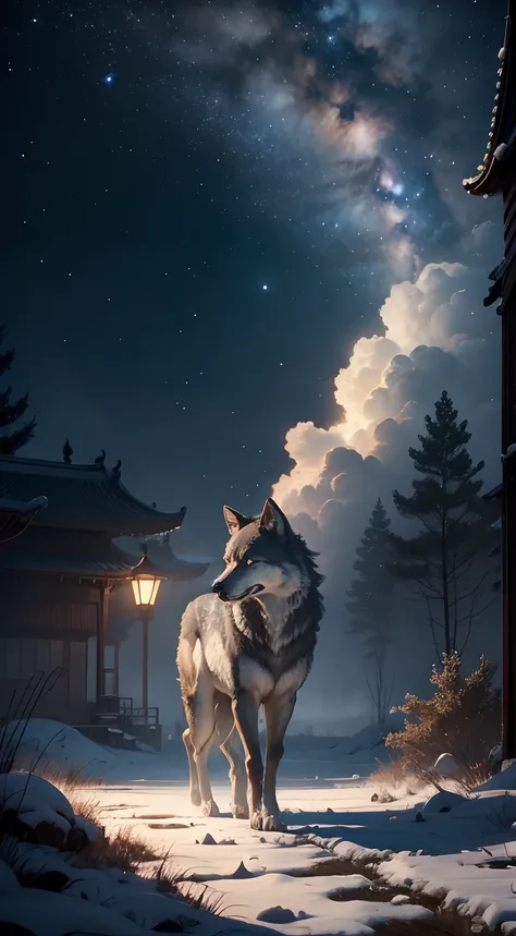 strong wolf，中景 the scene is，（full body appearance），admire the night sky，standing on your feet，roared，rush into the night sky，del...