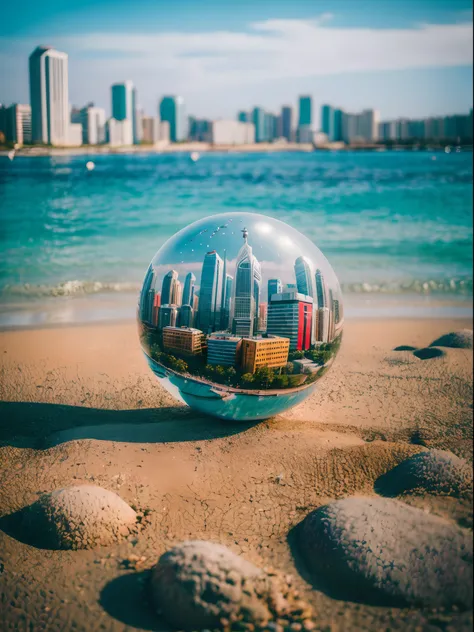 mini(ttp), (8k, RAW photo, best quality, masterpiece:1.2), colorful background, clean background, depth of field, city, high building, miniature, landscape, isometric,in Crystal ball, 16:9, beach, waves