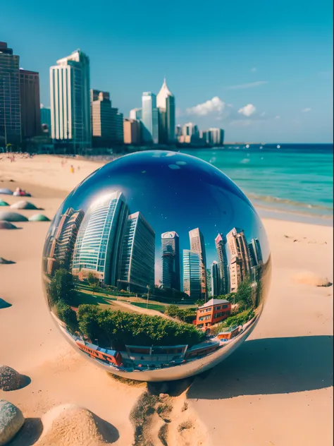 mini(ttp), (8k, RAW photo, best quality, masterpiece:1.2), colorful background, clean background, depth of field, city, high building, miniature, landscape, isometric,in Crystal ball, 16:9, beach, waves