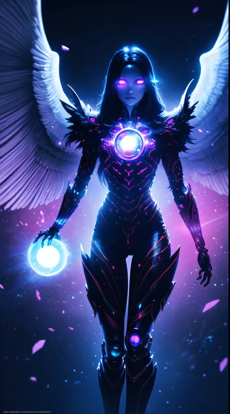 cosmic fallen angel, glowing light eyes, biomechanical, eerie, creepy, nightmarish, very bright colors, light particles, with li...