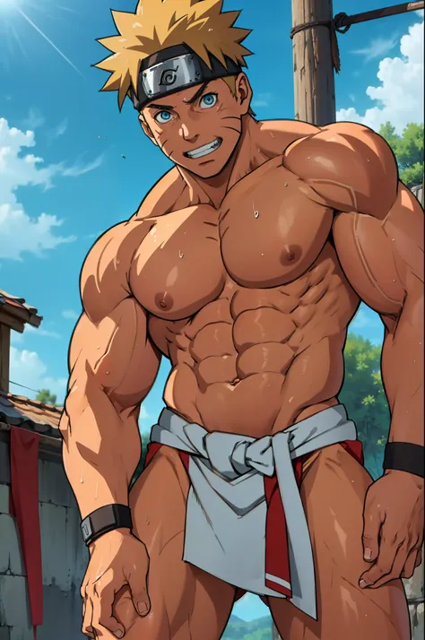 red skin, tanned skin,reddish brown skin(muscular thigh muscles ) (photo angle from bottom up)(Drawings of Naruto anime) (photo angle from the ground upwards) [Anime photo][highest quality photo][4k,HD photo quality ] wear tight and short loincloths  ,the ...