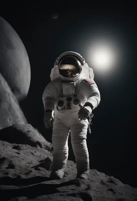 （Astronauts climb to the moon in spacesuits），（Moon：1.37）（Astronaut all over the body：1.1），with a planet in the background, lonely astronaut, detailed astronaut, Astronaut, fully space suited, astronaut in space, astronaut in space, astronaut on the moon, a...