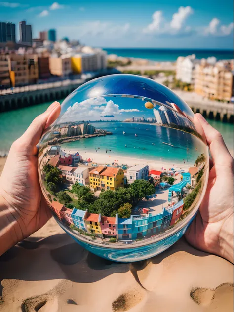 mini(ttp), (8k, RAW photo, best quality, masterpiece:1.2), colorful background, clean background, depth of field, city, high building, miniature, landscape, isometric,in Crystal ball, 16:9, beach, waves