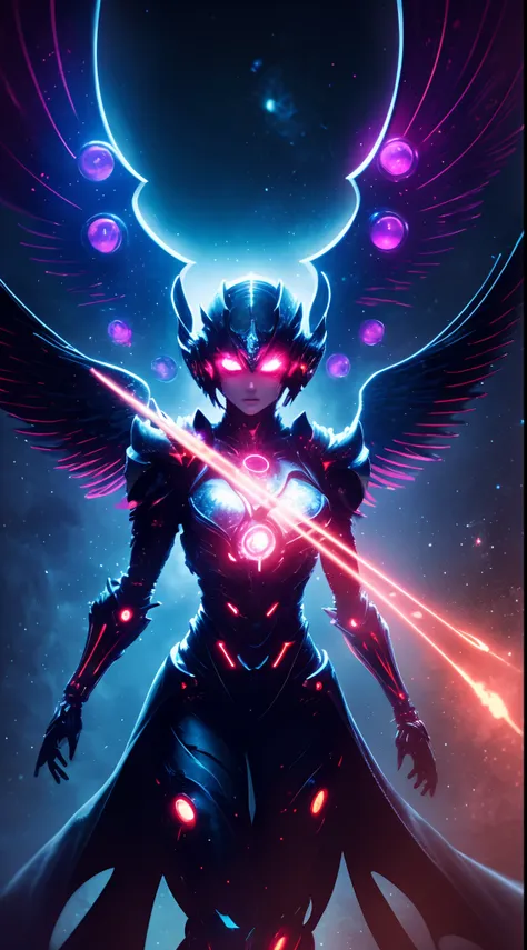 Cosmic Fallen Angel, glowing light eyes, Biomechanical, eerie, Creepy, nightmarish, Very bright colors, Light particles, with light glowing, Mshiff, wallpaper art, UHD wallpaper, cinematic styles, cinematic lights --auto