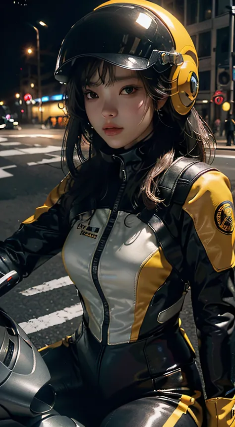 Highest image quality, Outstanding details, Ultra-high resolution, (Realism: 1.4), The best illustration, favor details, highly condensed 1girl, with a delicate and beautiful face, Dressed in black and yellow, wearing a mech helmet, holding a directional c...