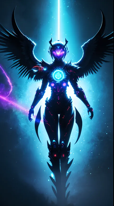 Cosmic Fallen Angel, glowing light eyes, Biomechanical, eerie, Creepy, nightmarish, Very bright colors, Light particles, with light glowing, Mshiff, wallpaper art, UHD wallpaper, cinematic styles, cinematic lights --auto