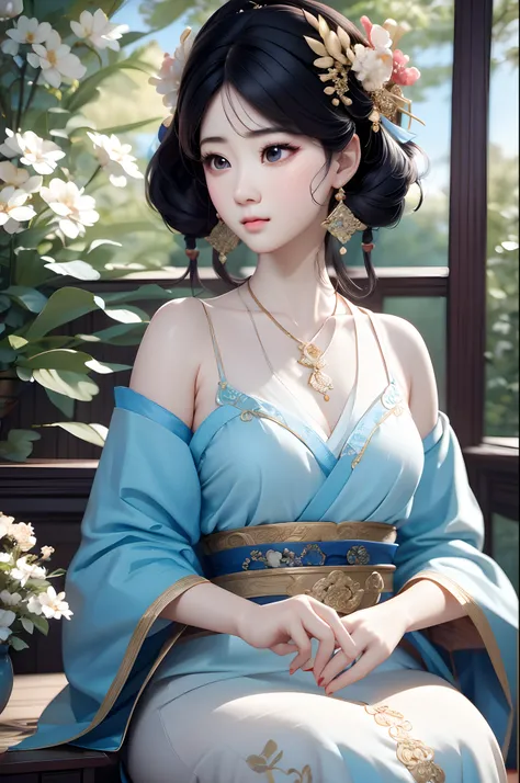 close-up of a woman wearing a light blue slip dress necklace, chinese style, chinese girl, beautiful character painting, guviz-s...