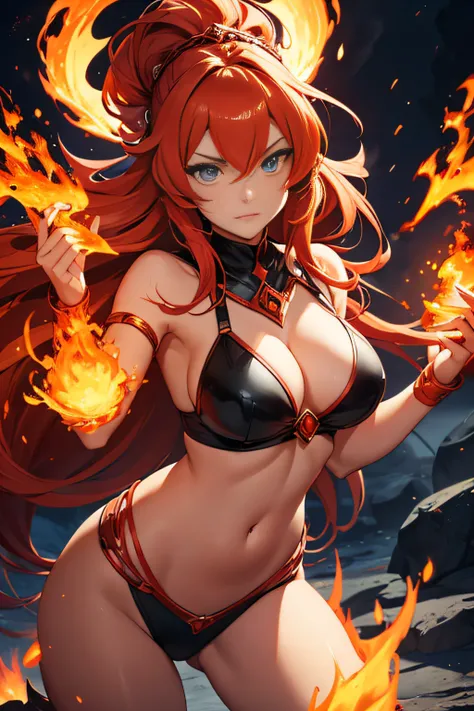 Cartoon picture of a woman holding a fire in her hand, Fire!! full bodyesbian, she has fire powers, lava and fire goddess, the fire goddess, appears as the fire goddess, the fire queen, hot fire goddess, flames surround her, the fire goddess, Her hair was ...