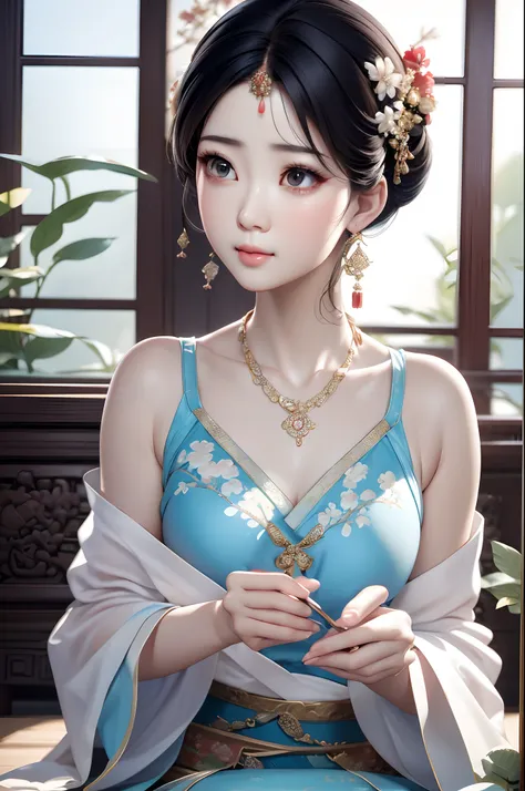 close-up of a woman wearing a light blue slip dress necklace, chinese style, chinese girl, beautiful character painting, guviz-s...