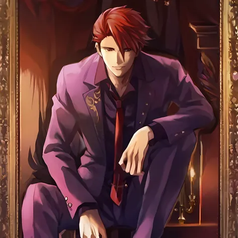 anime - style picture of a man in a purple suit sitting on a chair, umineko, hijikata toushirou, kakyoin, anime handsome man, inspired by Hisui Sugiura, royal attire akira, handsome anime pose, gilgamesh, name of the character is chad, nobutaka ike, beauti...